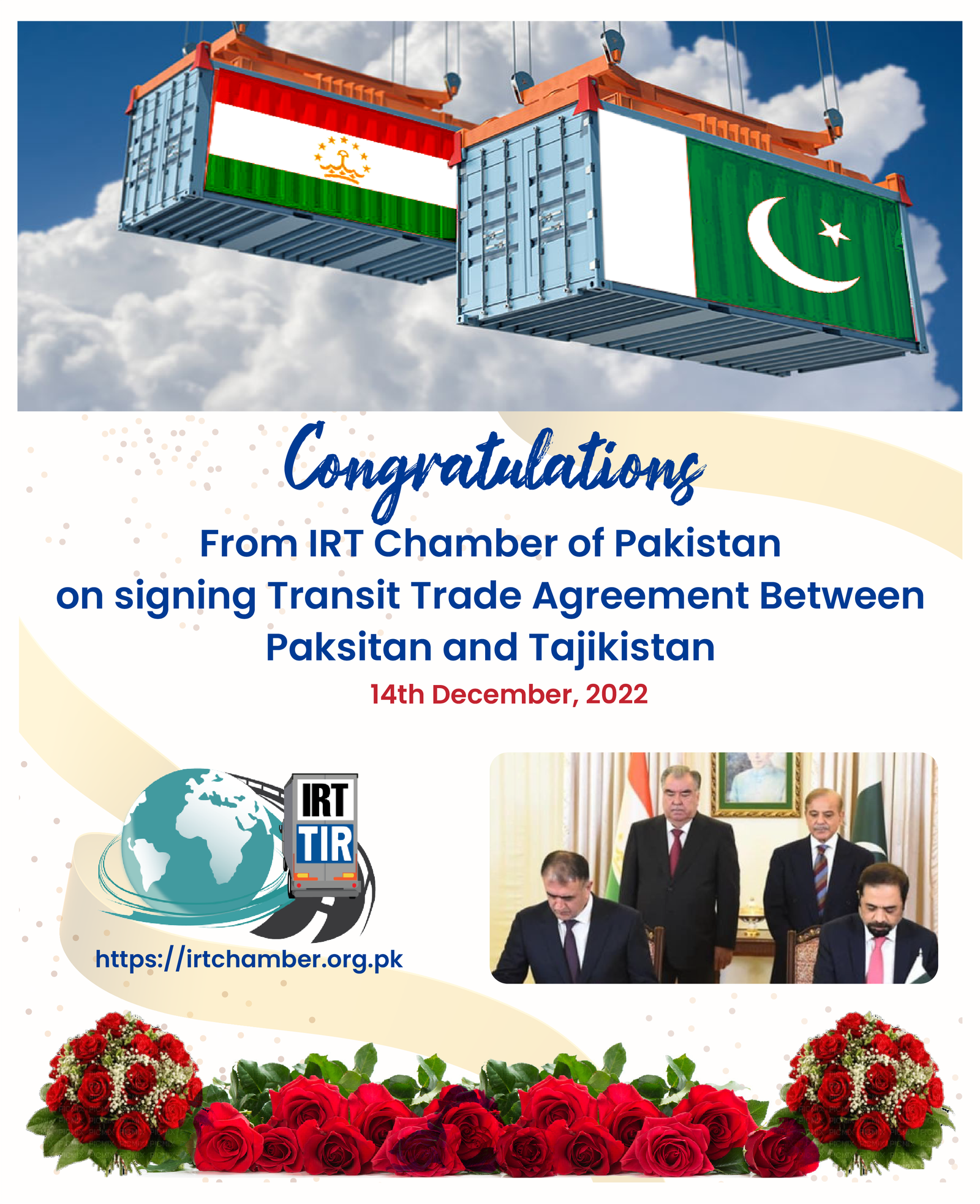 Congratulation on signing Transit Trade Agreement Between Paksitan and Tajikistan